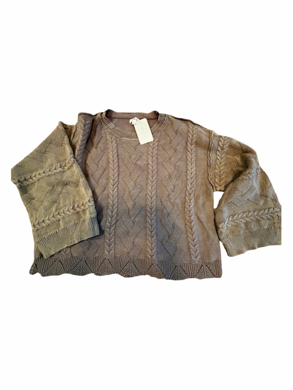 POL Cable-Textured Crewneck Sweater - Taupe
